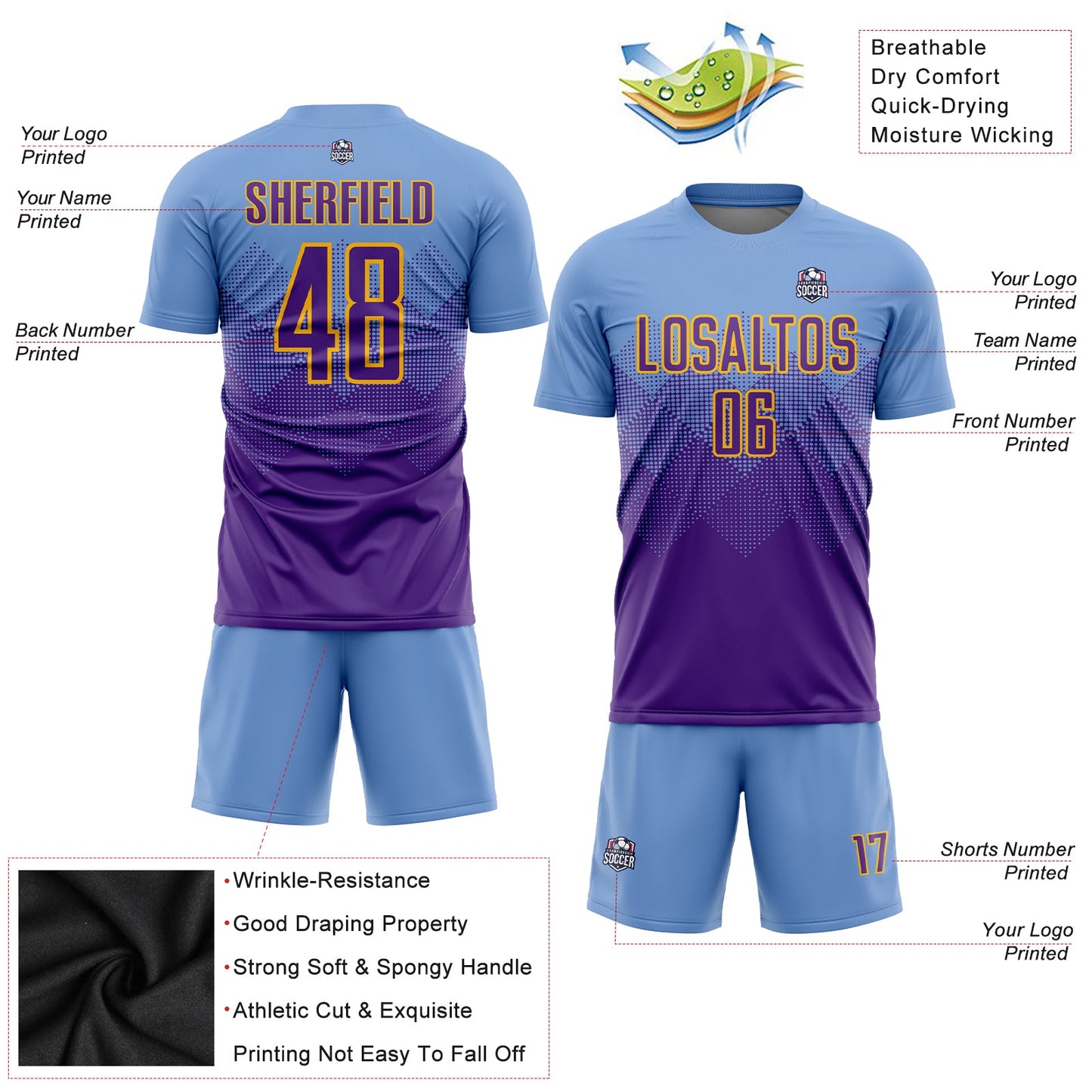 Custom Light Blue Purple-Gold Sublimation Soccer Uniform Jersey view 3