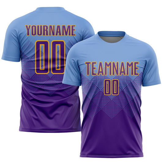 Custom Light Blue Purple-Gold Sublimation Soccer Uniform Jersey - Main View