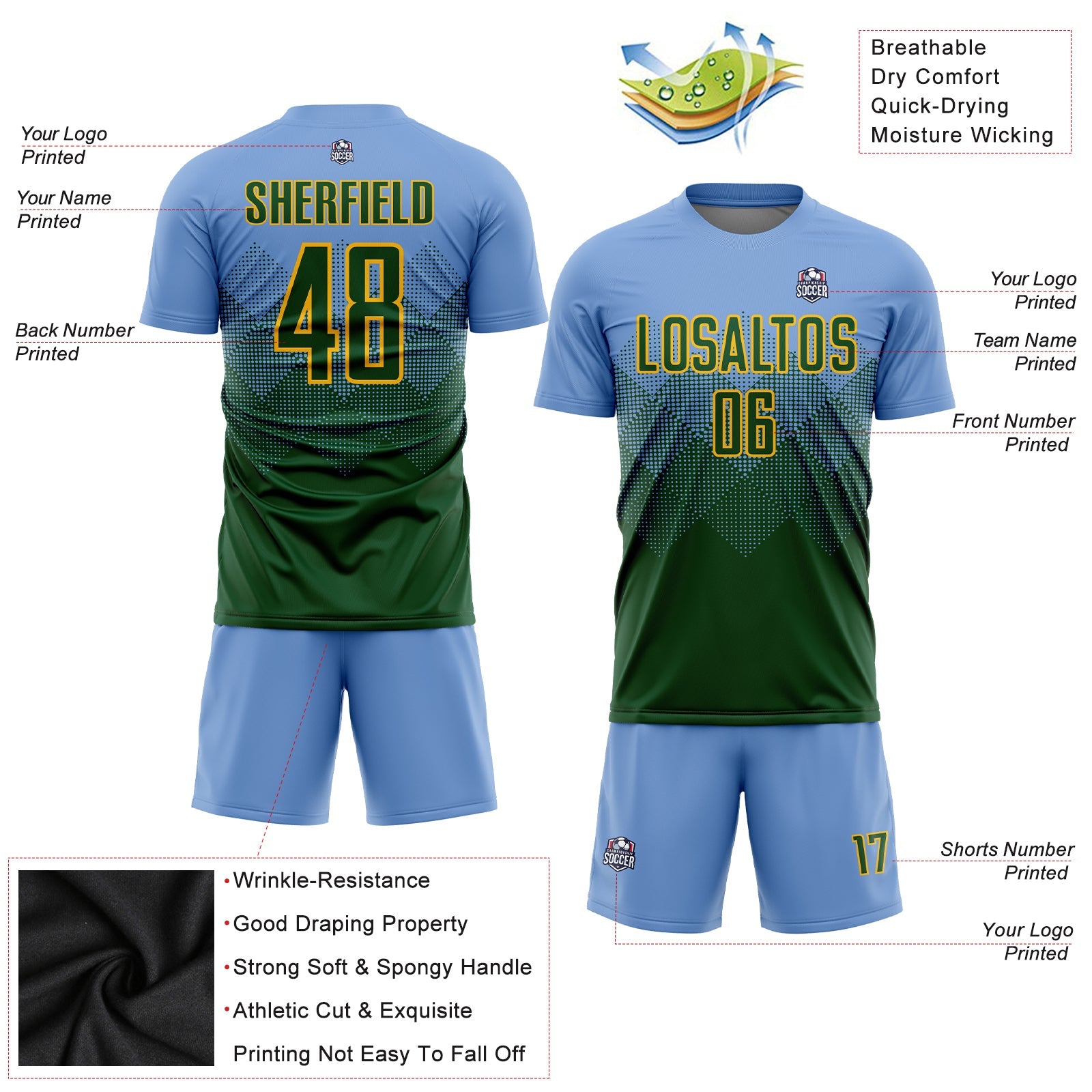Custom Light Blue Green-Gold Sublimation Soccer Uniform Jersey view 3