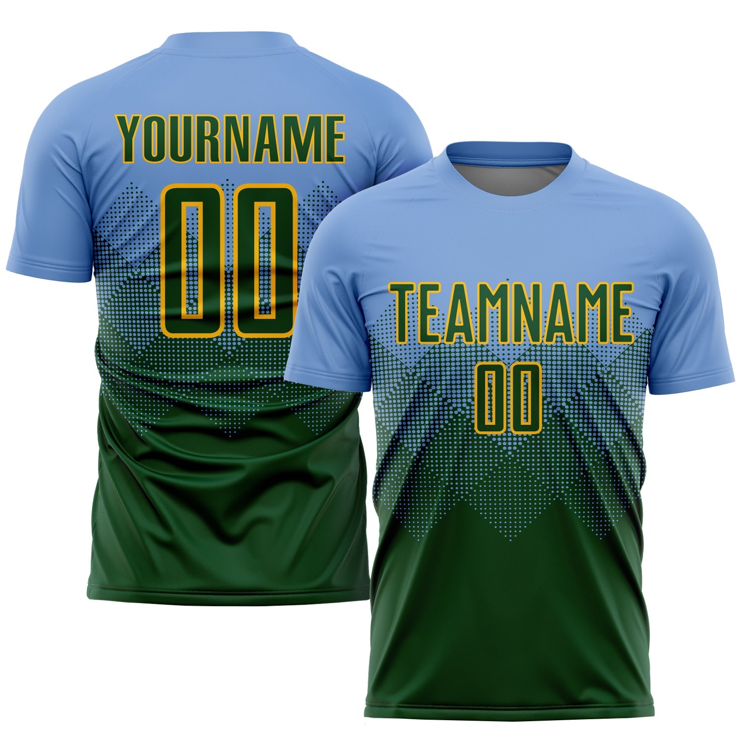 Custom Light Blue Green-Gold Sublimation Soccer Uniform Jersey - Main View