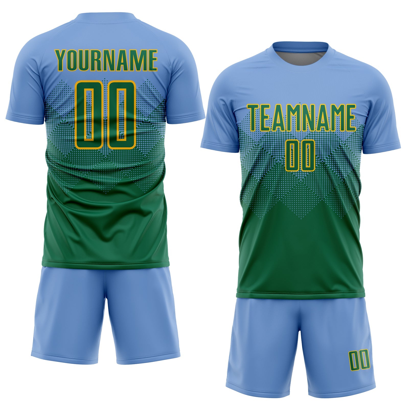 Custom Light Blue Kelly Green-Gold Sublimation Soccer Uniform Jersey view 2