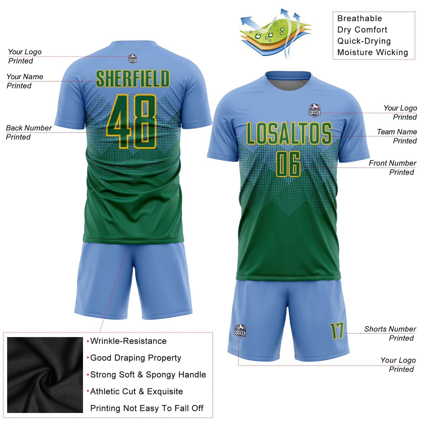 Custom Light Blue Kelly Green-Gold Sublimation Soccer Uniform Jersey view 3
