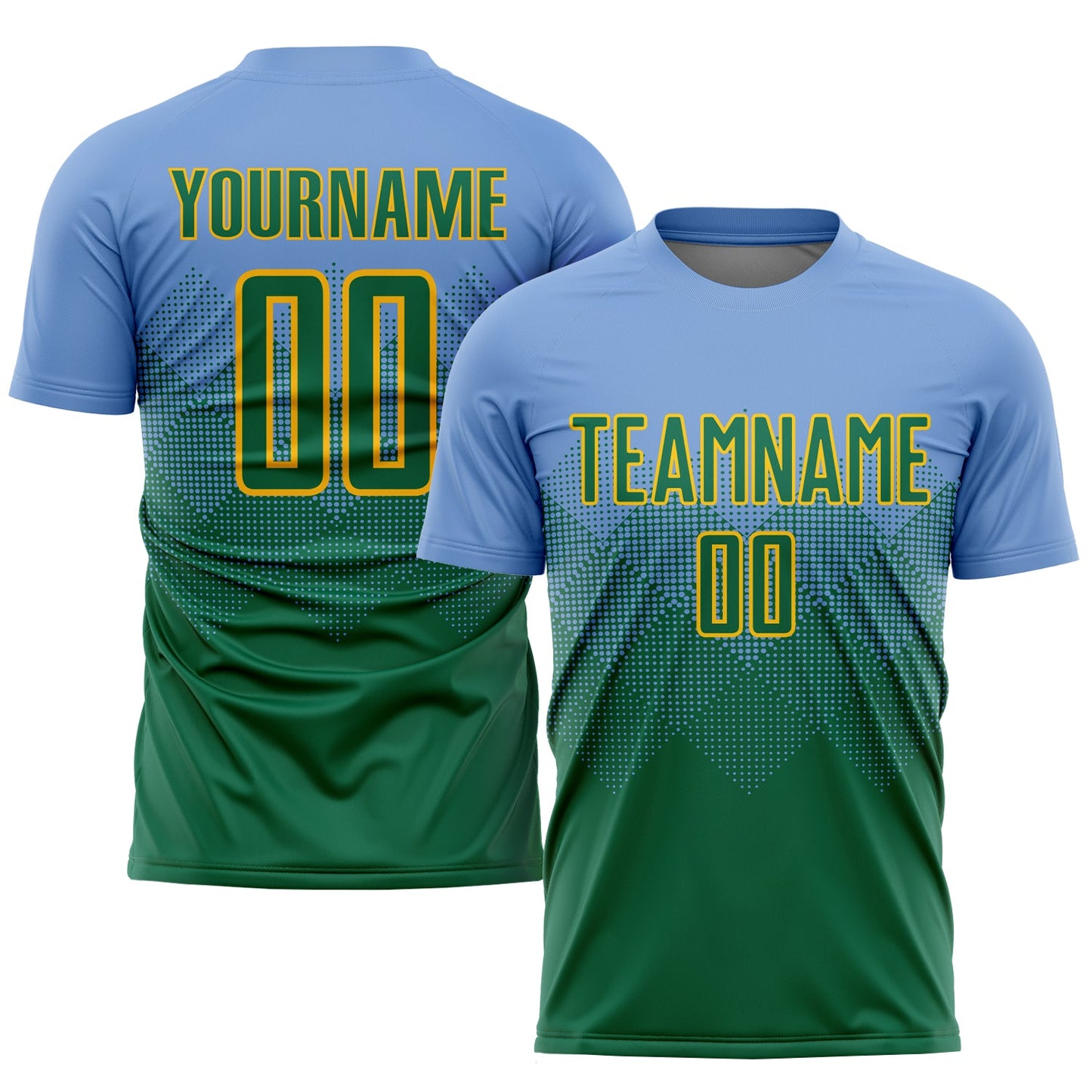 Custom Light Blue Kelly Green-Gold Sublimation Soccer Uniform Jersey - Main View