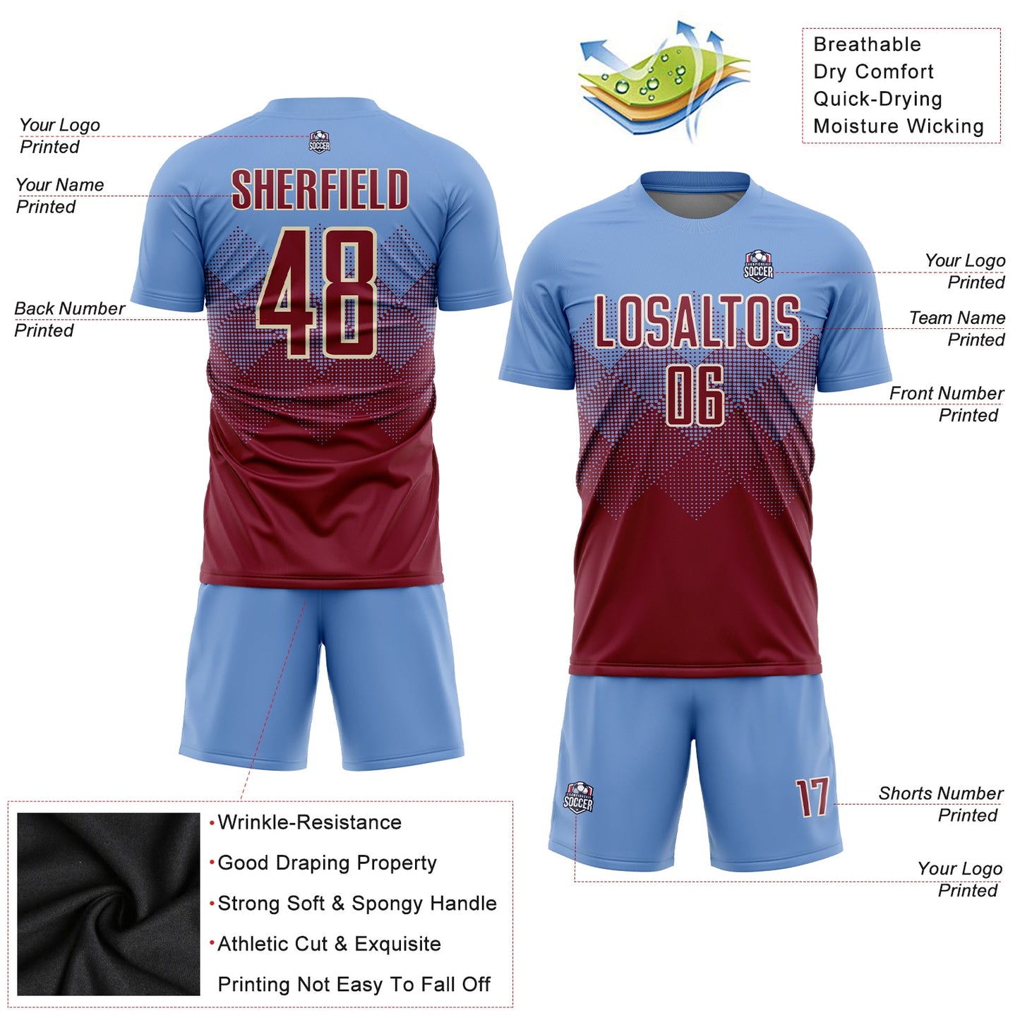 Custom Light Blue Crimson-Cream Sublimation Soccer Uniform Jersey view 3