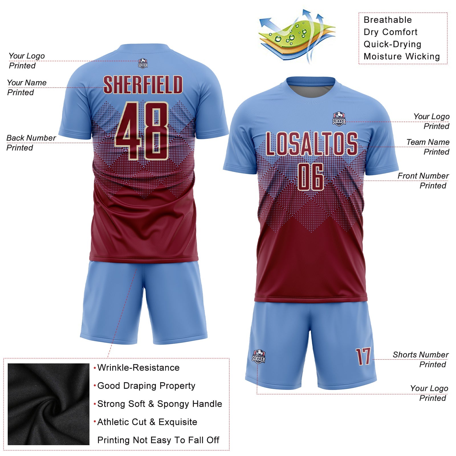Custom Light Blue Crimson-Cream Sublimation Soccer Uniform Jersey view 3