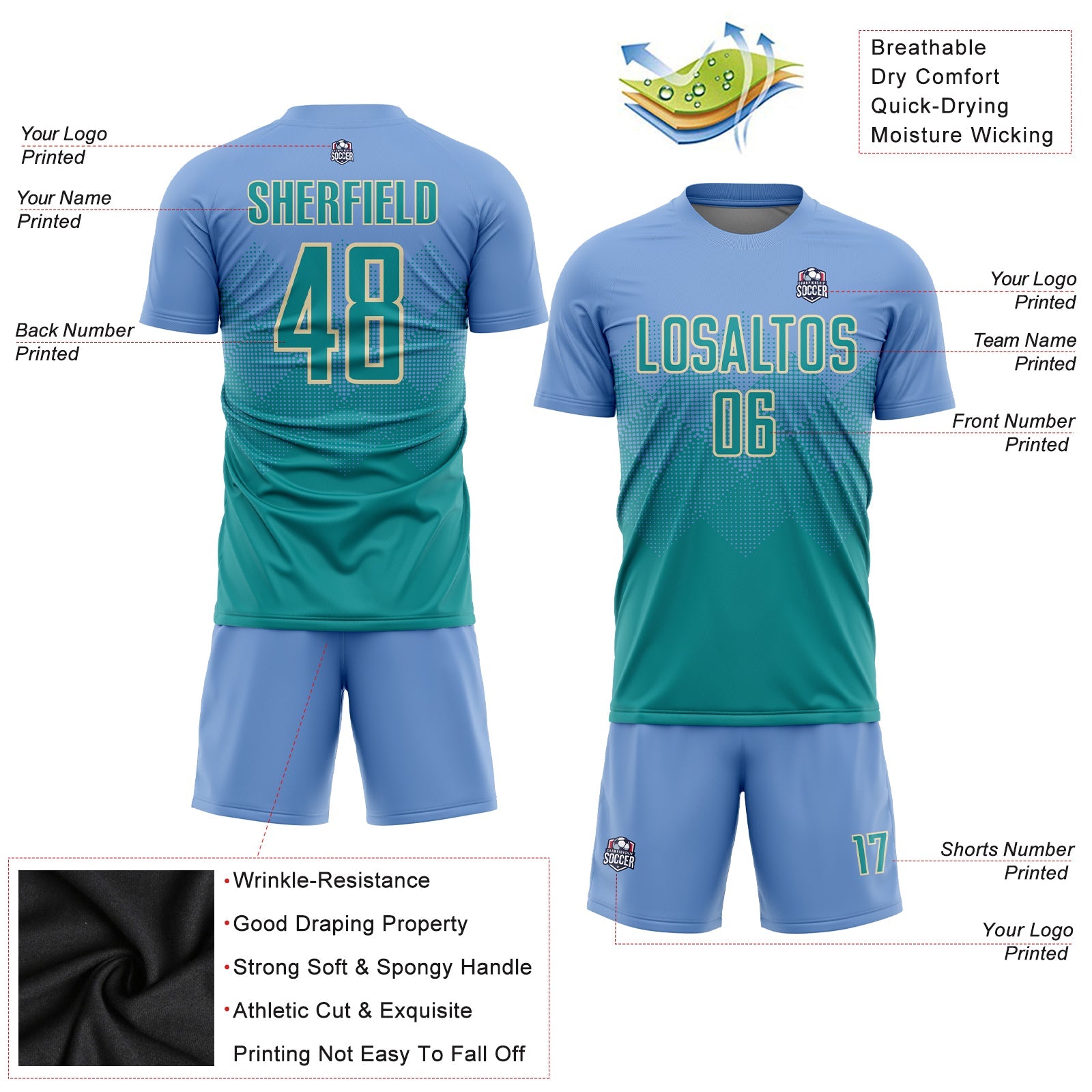 Custom Light Blue Teal-Cream Sublimation Soccer Uniform Jersey view 3