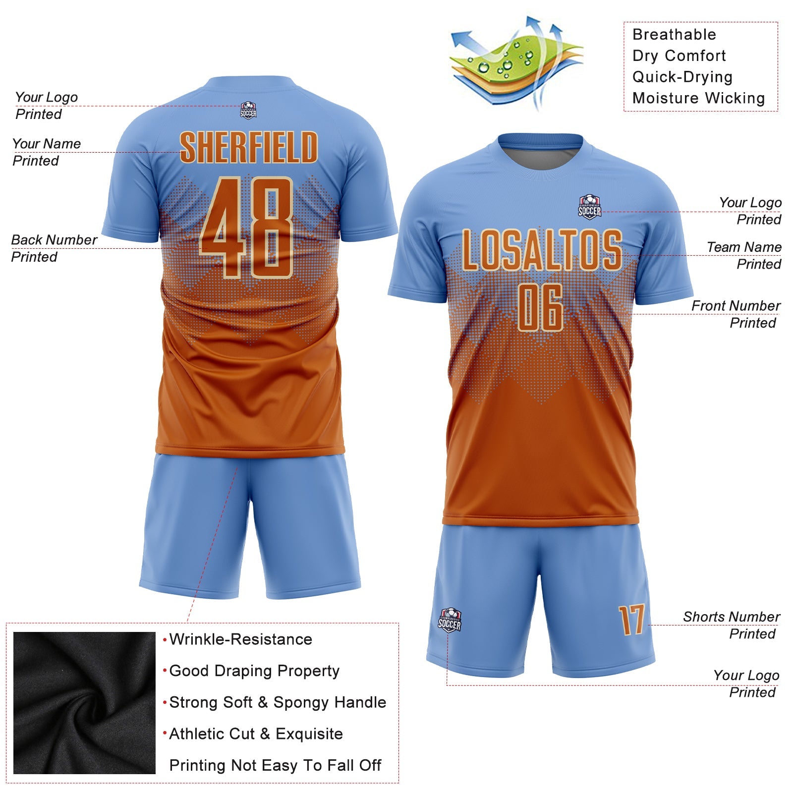 Custom Light Blue Texas Orange-Cream Sublimation Soccer Uniform Jersey view 3