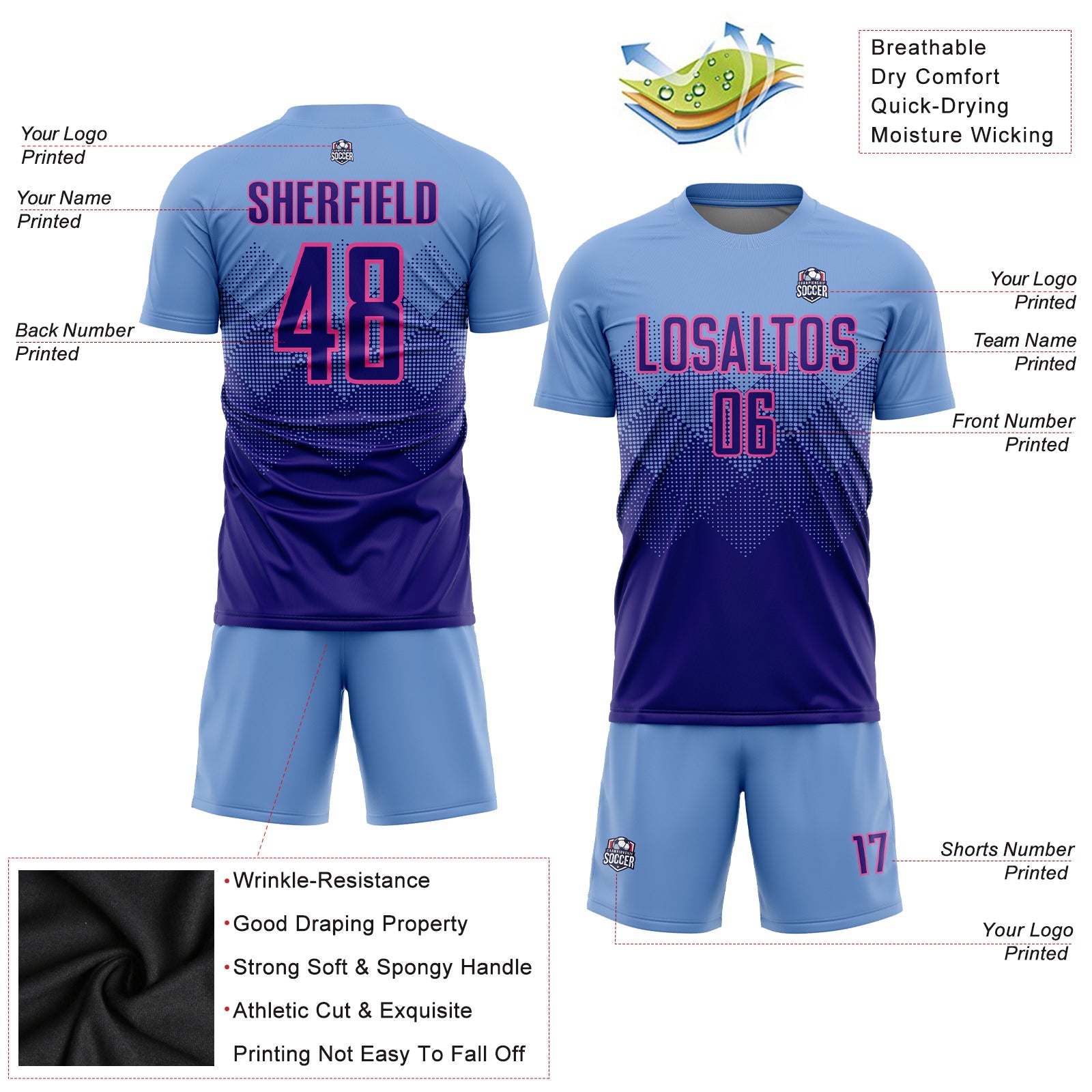 Custom Light Blue Dark Purple-Pink Sublimation Soccer Uniform Jersey view 3