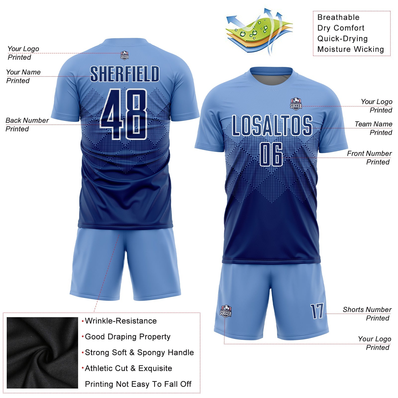 Custom Light Blue Navy-White Sublimation Soccer Uniform Jersey view 5