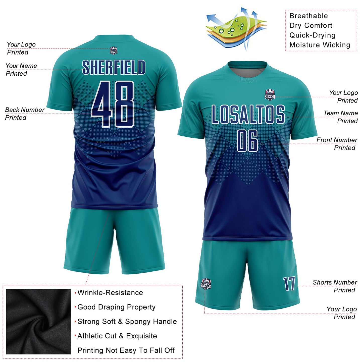 Custom Teal US Navy Blue-White Sublimation Soccer Uniform Jersey view 3