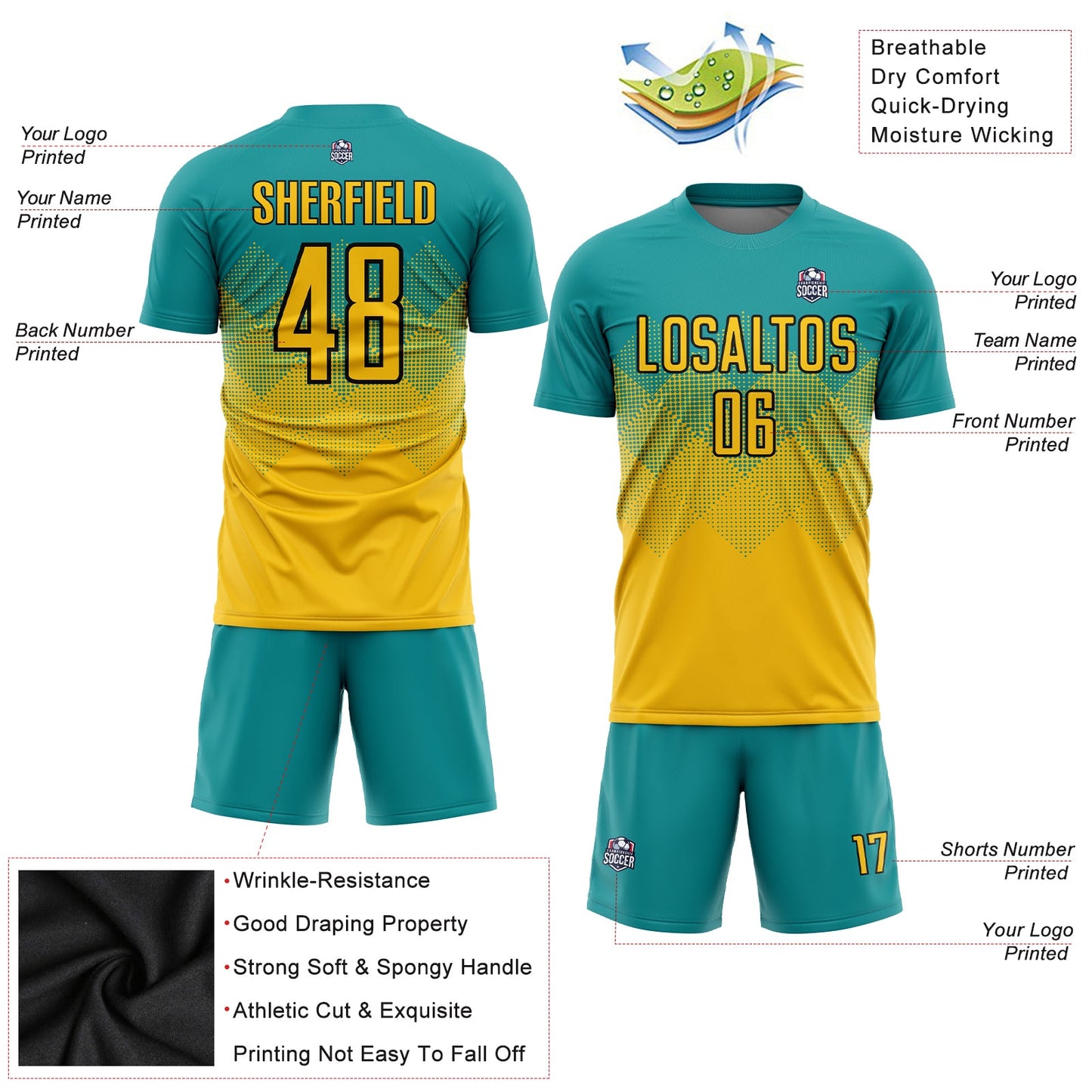 Custom Teal Gold-Black Sublimation Soccer Uniform Jersey view 3