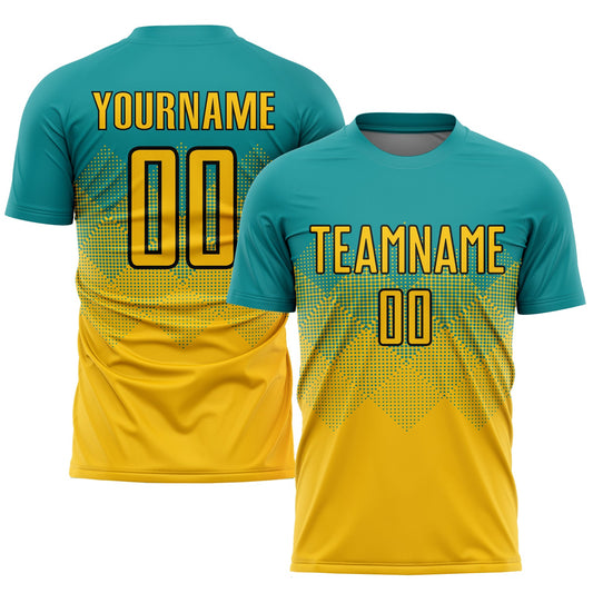 Custom Teal Gold-Black Sublimation Soccer Uniform Jersey - Main View