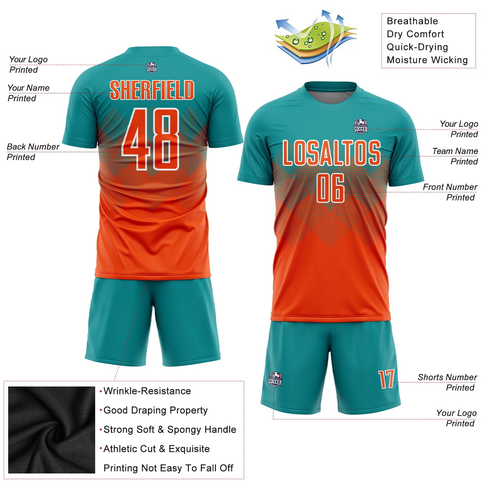 Custom Teal Orange-White Sublimation Soccer Uniform Jersey view 3
