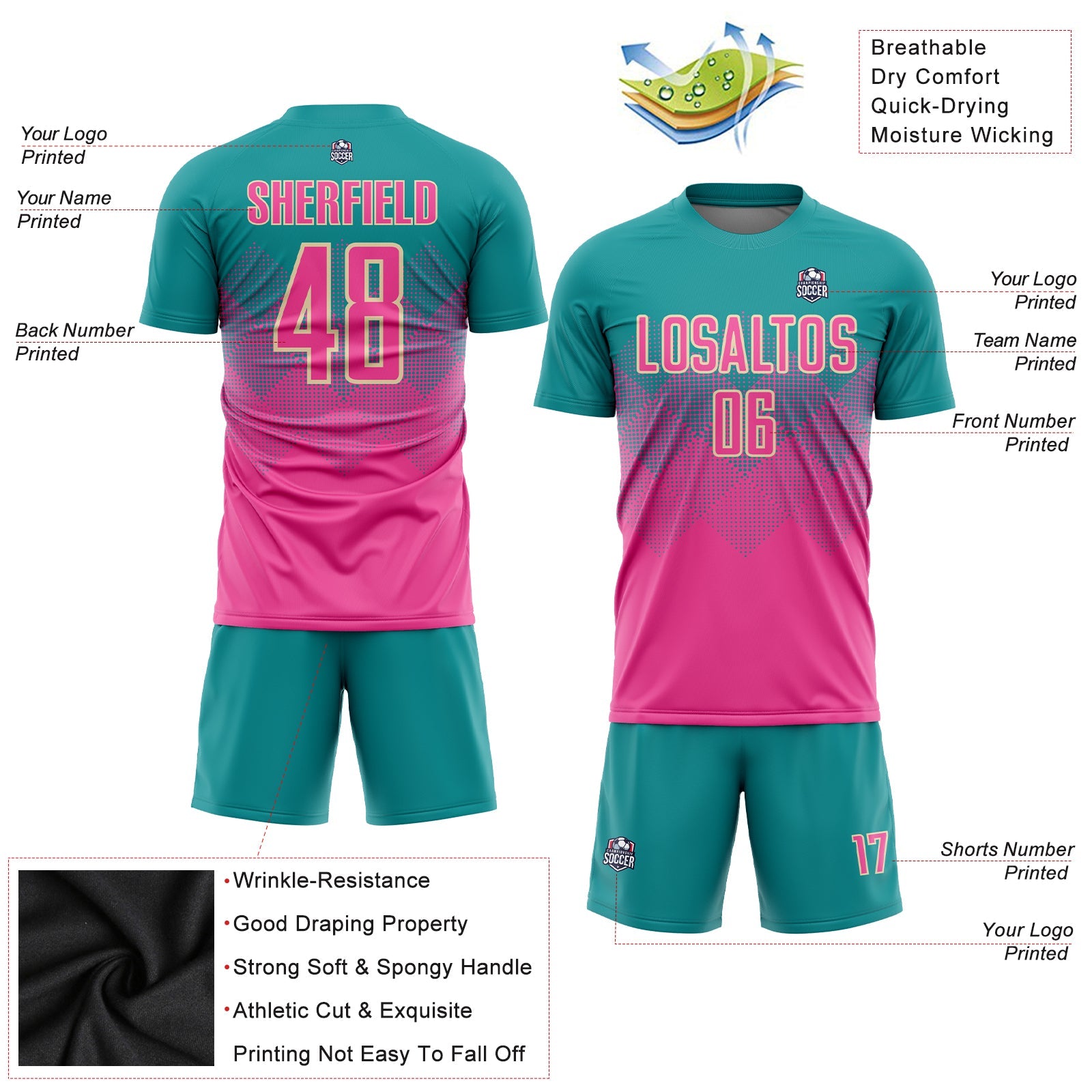 Custom Teal Pink-Cream Sublimation Soccer Uniform Jersey view 3