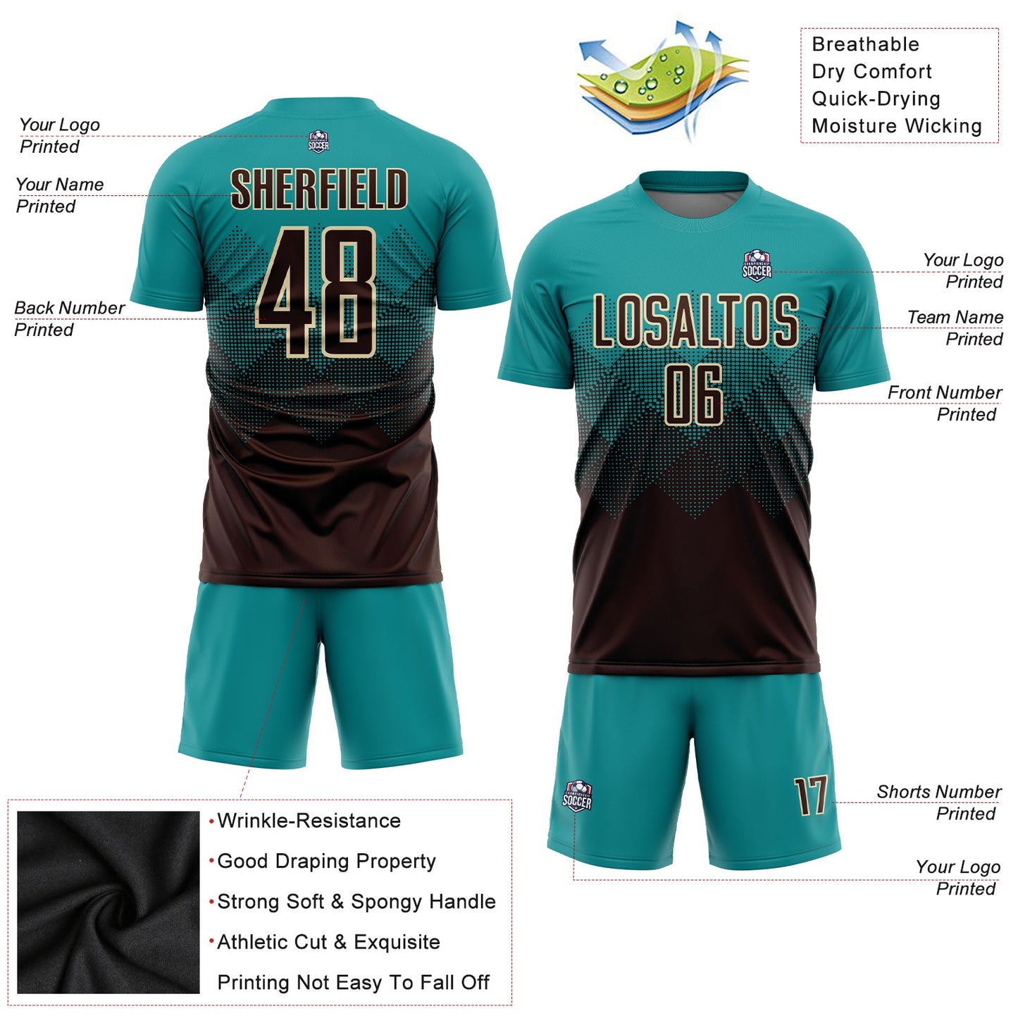 Custom Teal Brown-Cream Sublimation Soccer Uniform Jersey view 3