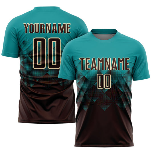 Custom Teal Brown-Cream Sublimation Soccer Uniform Jersey - Main View