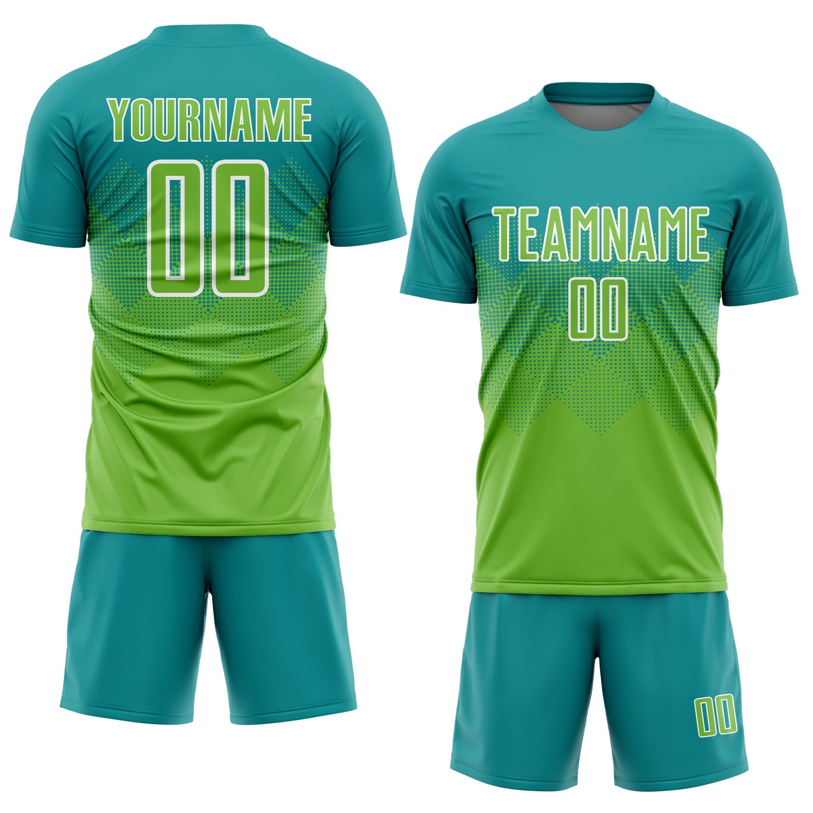 Custom Teal Neon Green-White Sublimation Soccer Uniform Jersey view 2