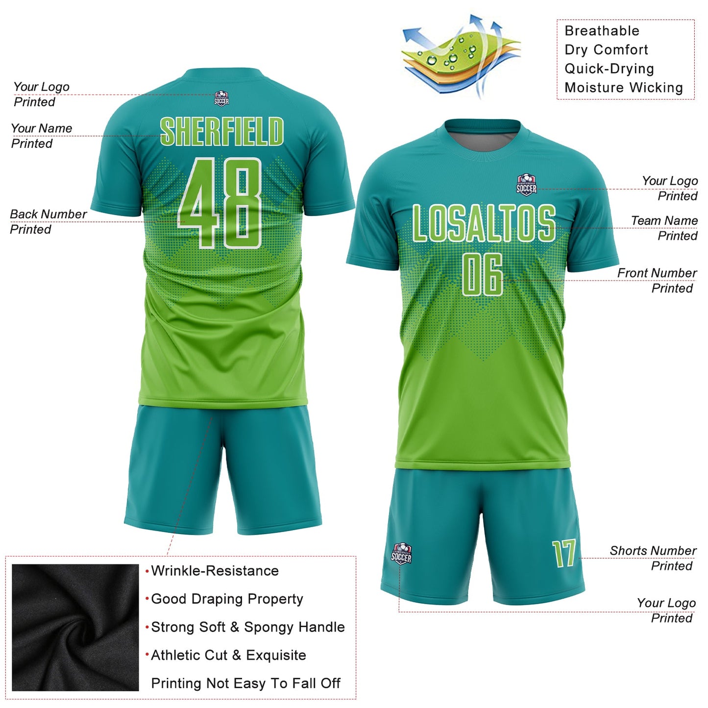Custom Teal Neon Green-White Sublimation Soccer Uniform Jersey view 3