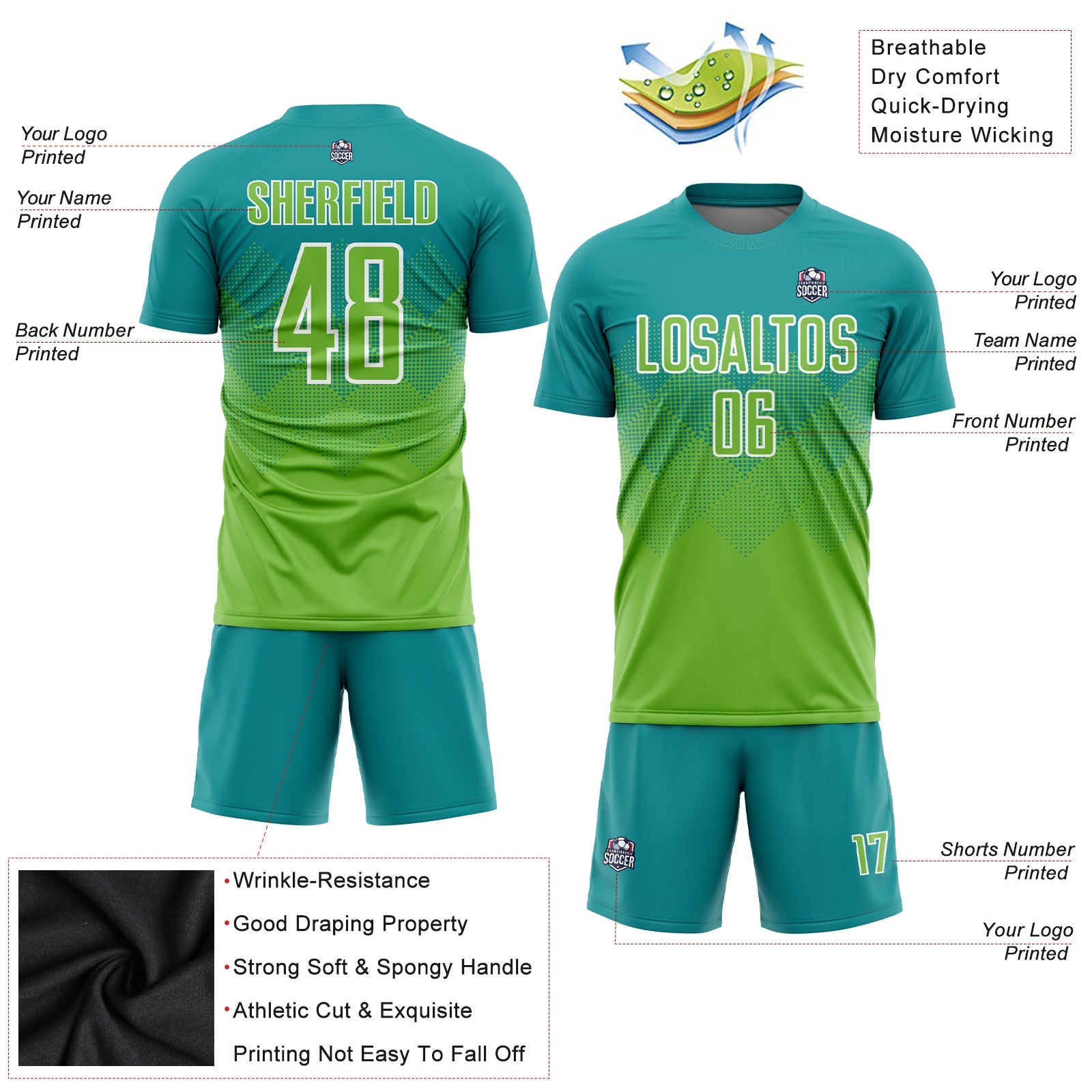 Custom Teal Neon Green-White Sublimation Soccer Uniform Jersey view 3