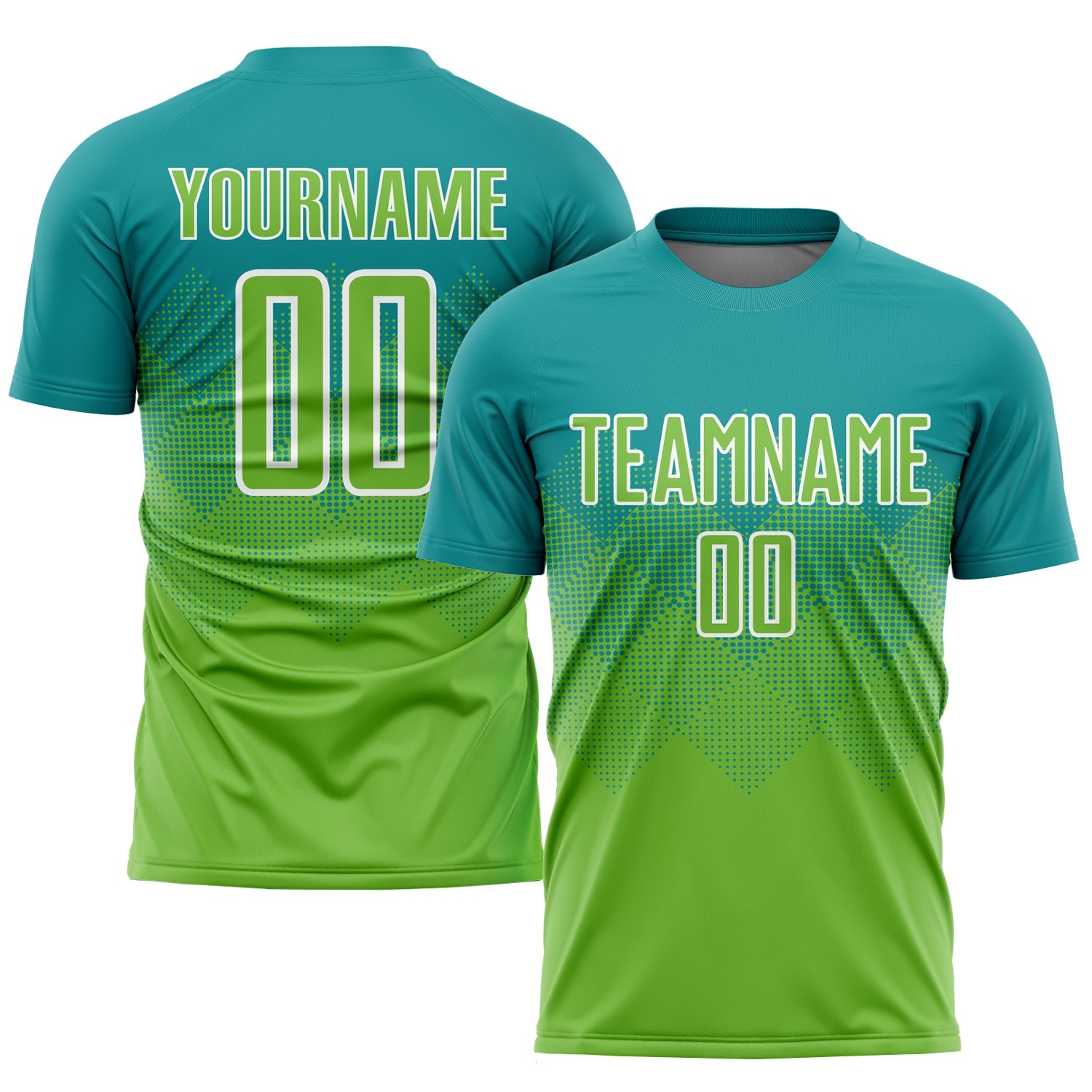 Custom Teal Neon Green-White Sublimation Soccer Uniform Jersey - Main View