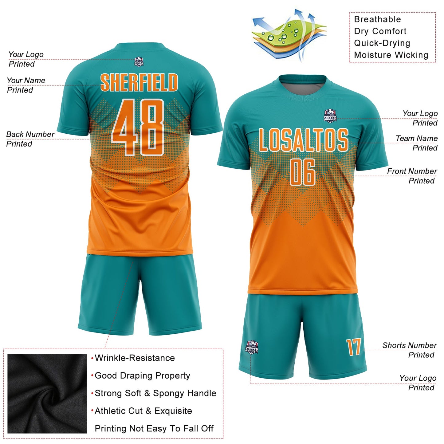 Custom Teal Bay Orange-White Sublimation Soccer Uniform Jersey view 3
