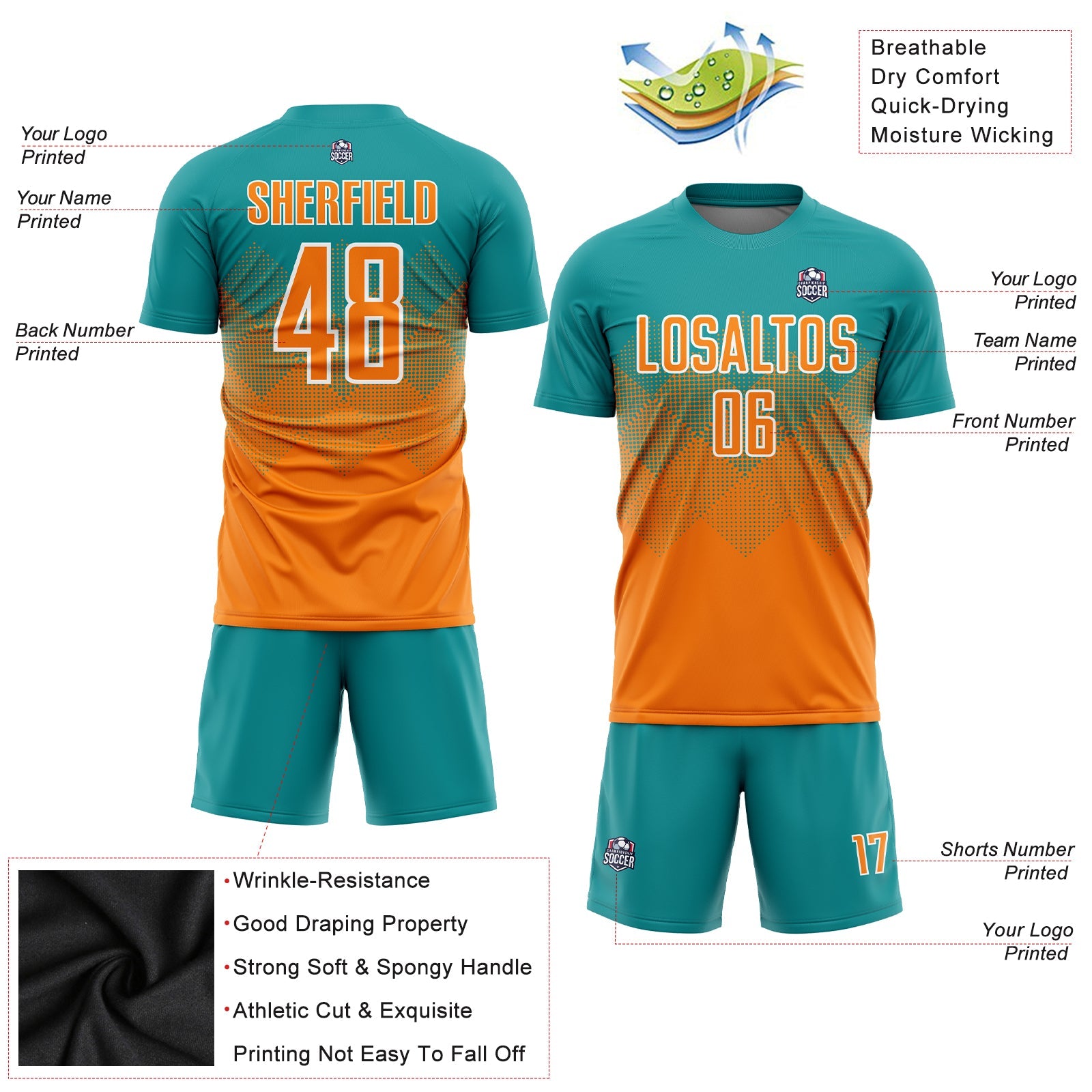 Custom Teal Bay Orange-White Sublimation Soccer Uniform Jersey view 3