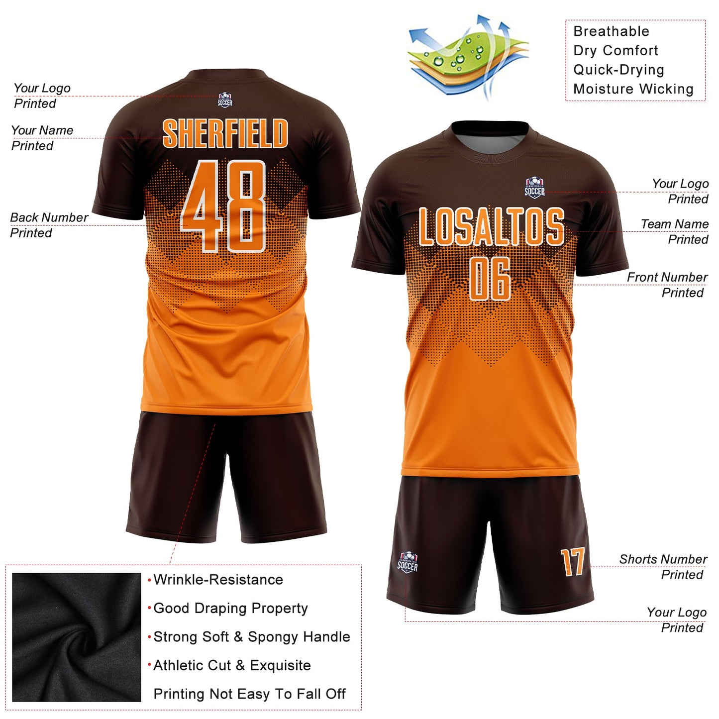Custom Brown Bay Orange-White Sublimation Soccer Uniform Jersey view 3