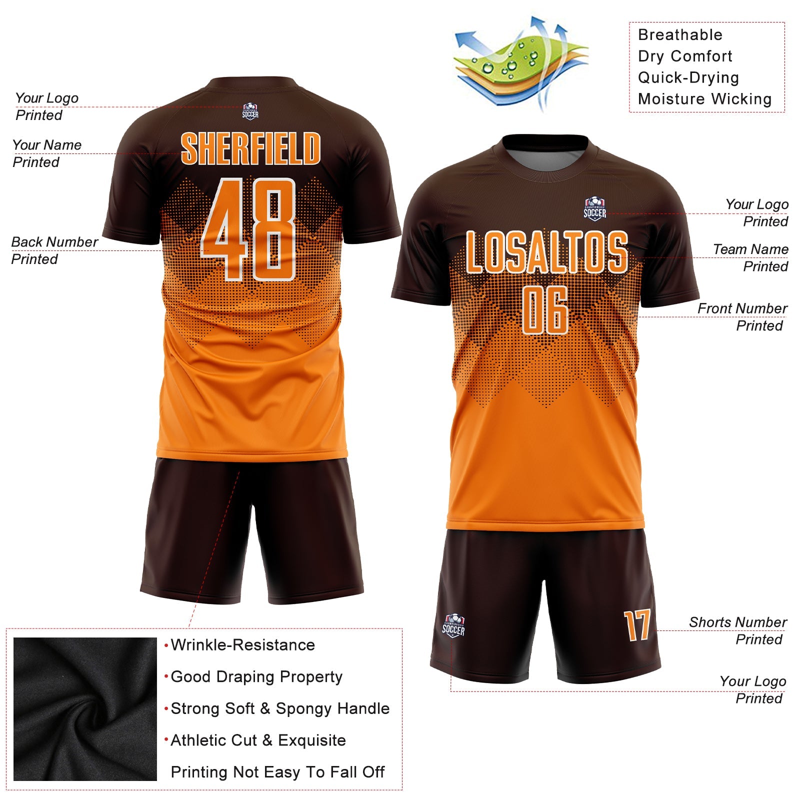 Custom Brown Bay Orange-White Sublimation Soccer Uniform Jersey view 3
