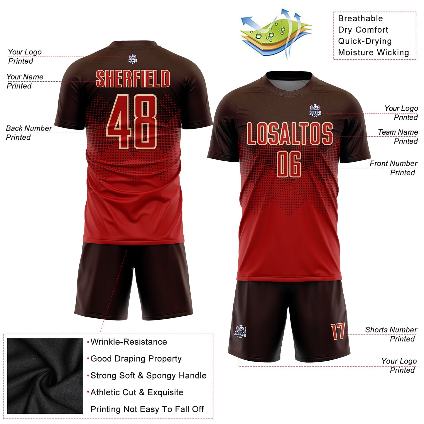 Custom Brown Red-Cream Sublimation Soccer Uniform Jersey view 3