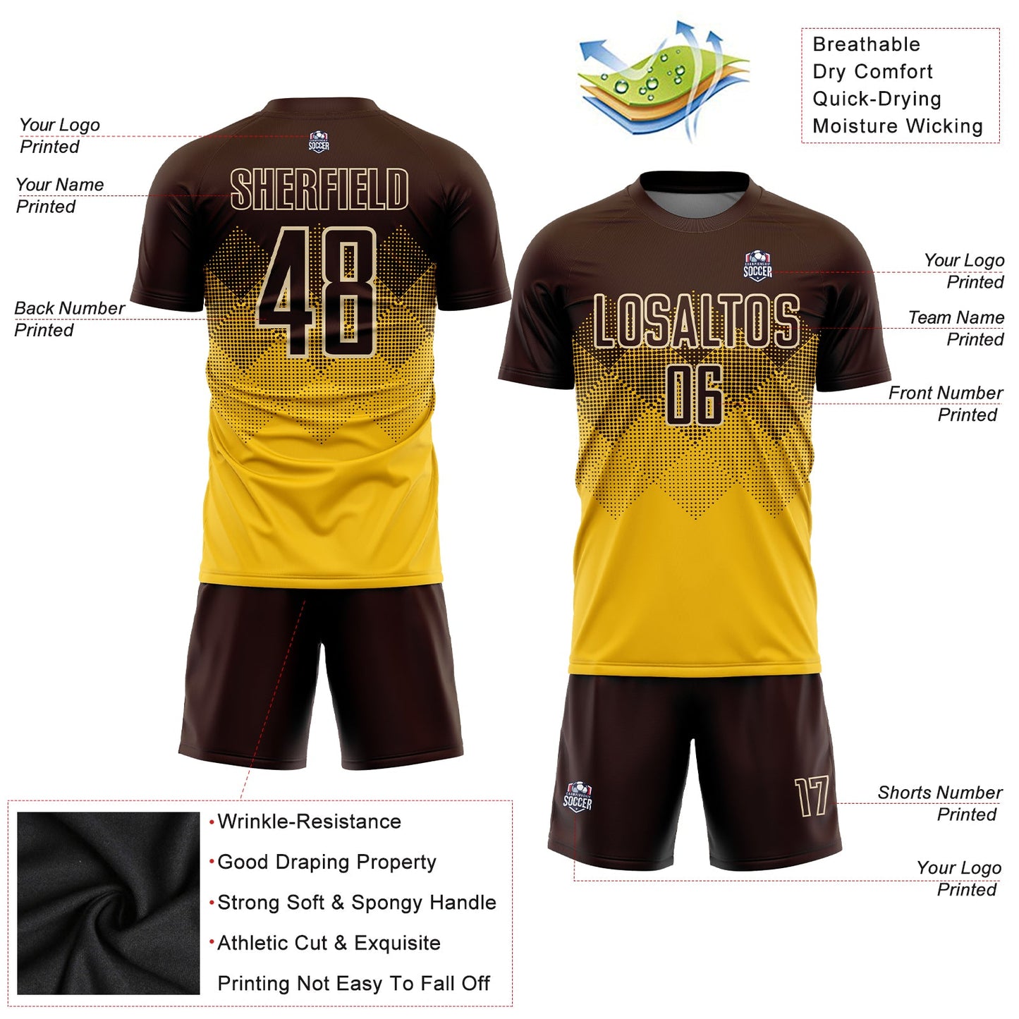 Custom Gold Brown-Cream Sublimation Soccer Uniform Jersey view 3