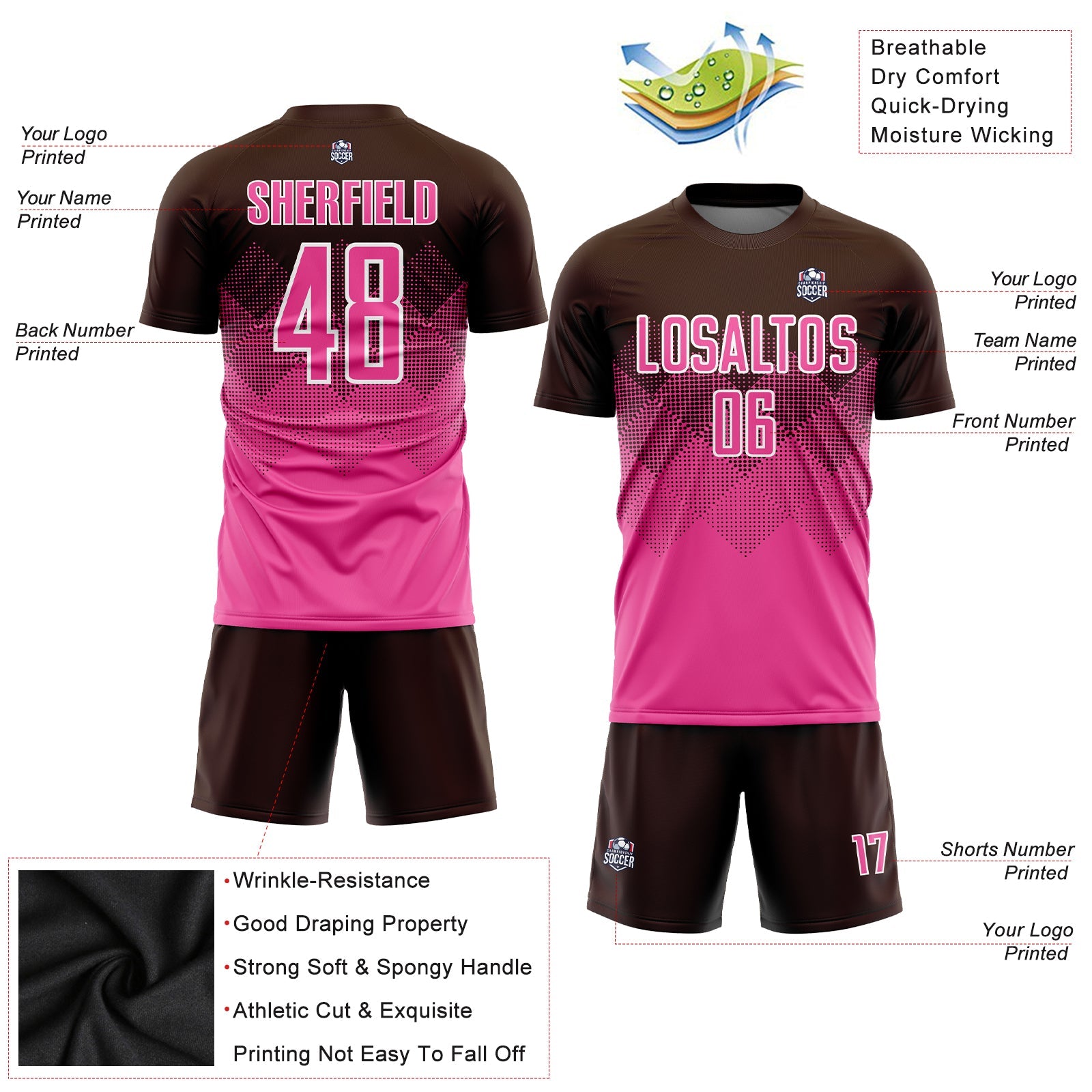 Custom Brown Pink-White Sublimation Soccer Uniform Jersey view 3