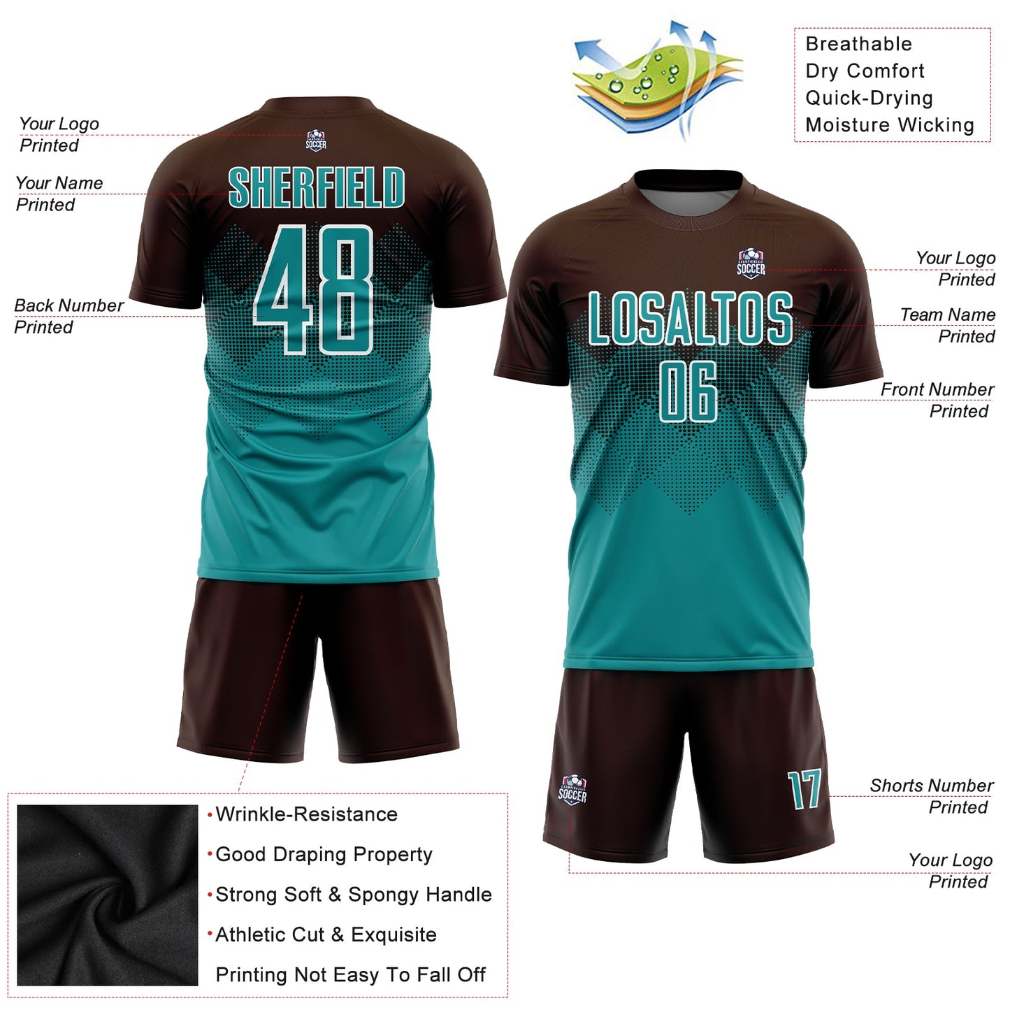 Custom Brown Teal-White Sublimation Soccer Uniform Jersey view 3