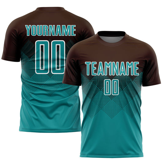 Custom Brown Teal-White Sublimation Soccer Uniform Jersey - Main View