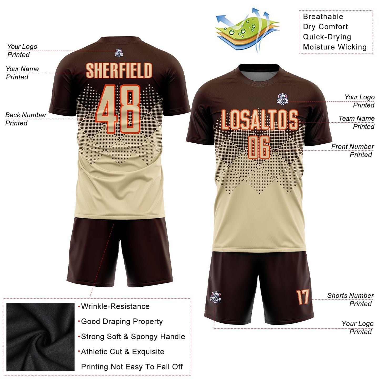 Custom Brown Cream-Orange Sublimation Soccer Uniform Jersey view 3