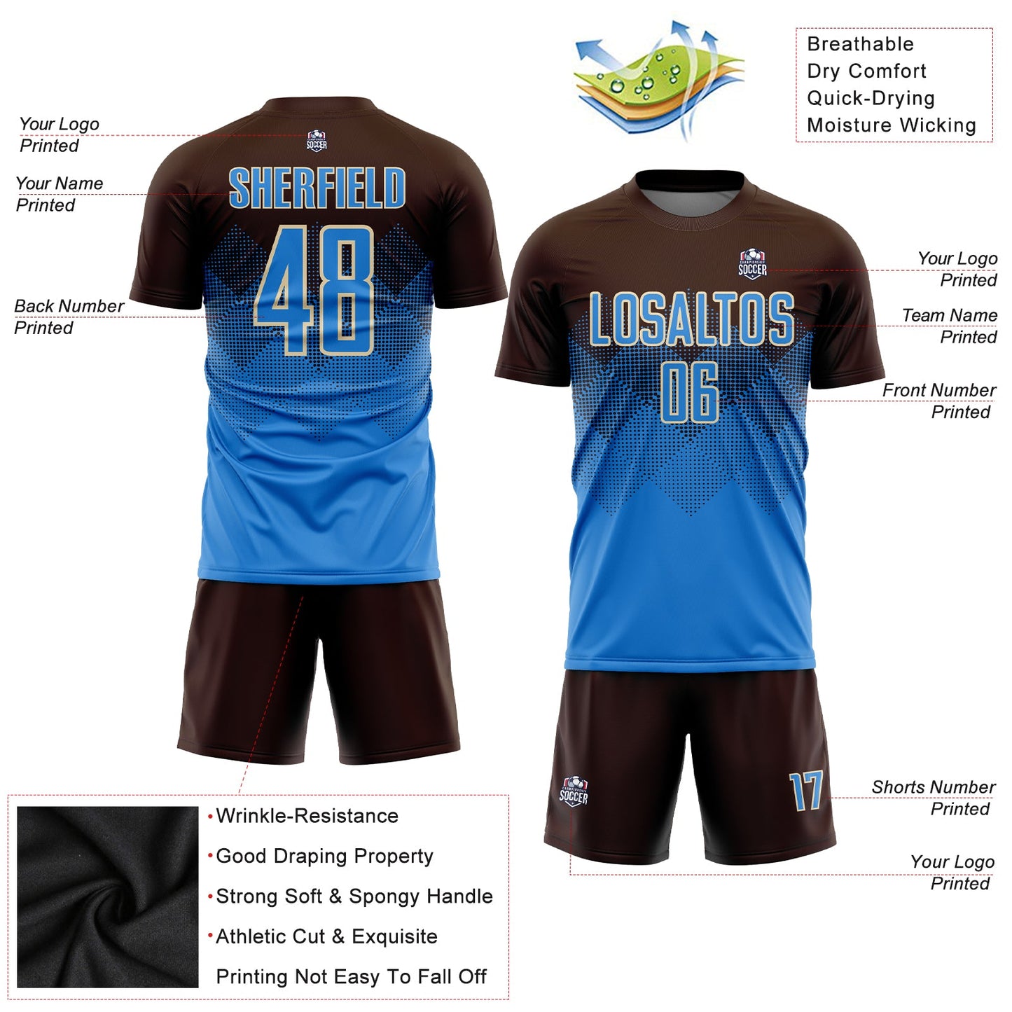 Custom Brown Powder Blue-Cream Sublimation Soccer Uniform Jersey view 3