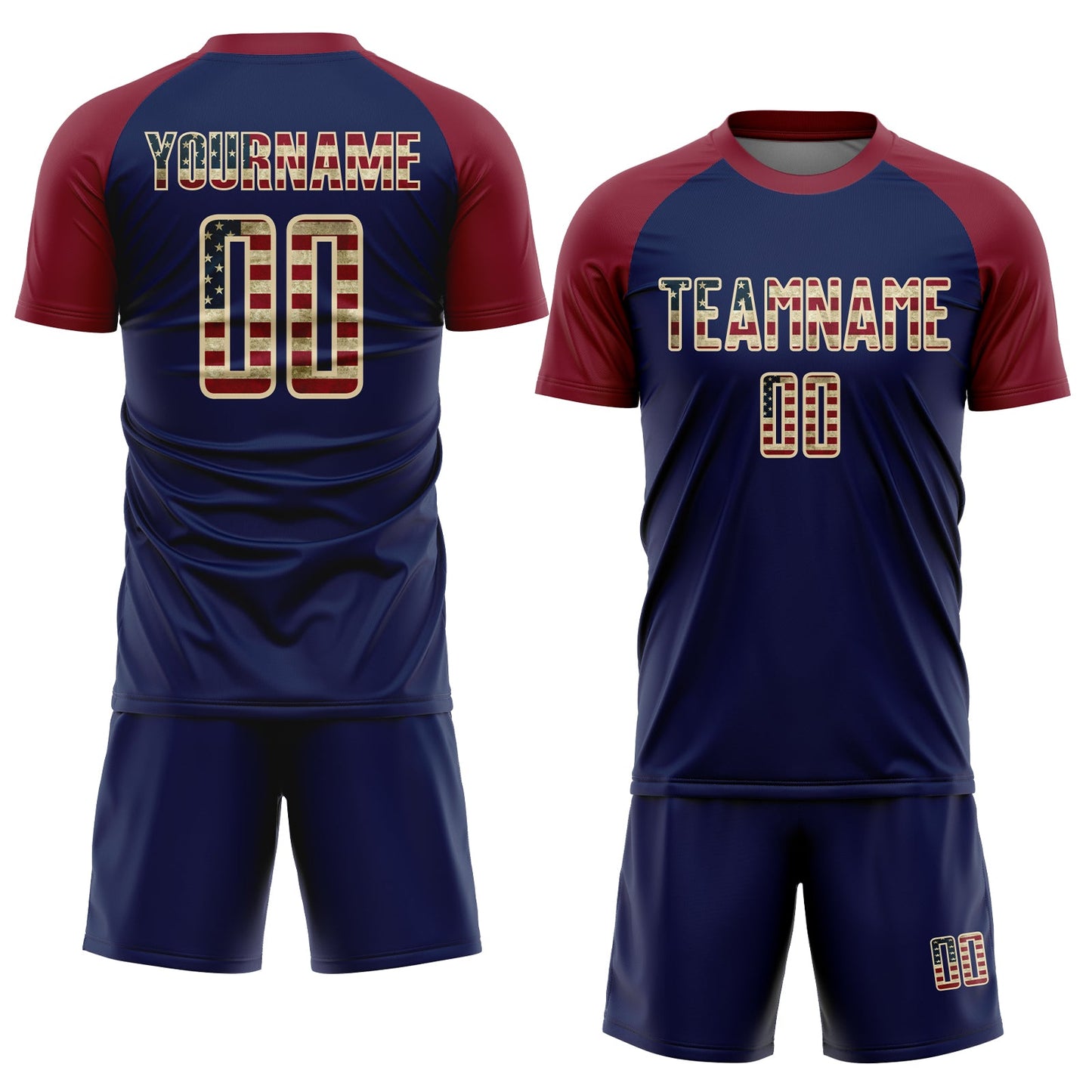 Custom Crimson Vintage USA Flag Navy-Cream Sublimation Soccer Uniform Jersey view 2