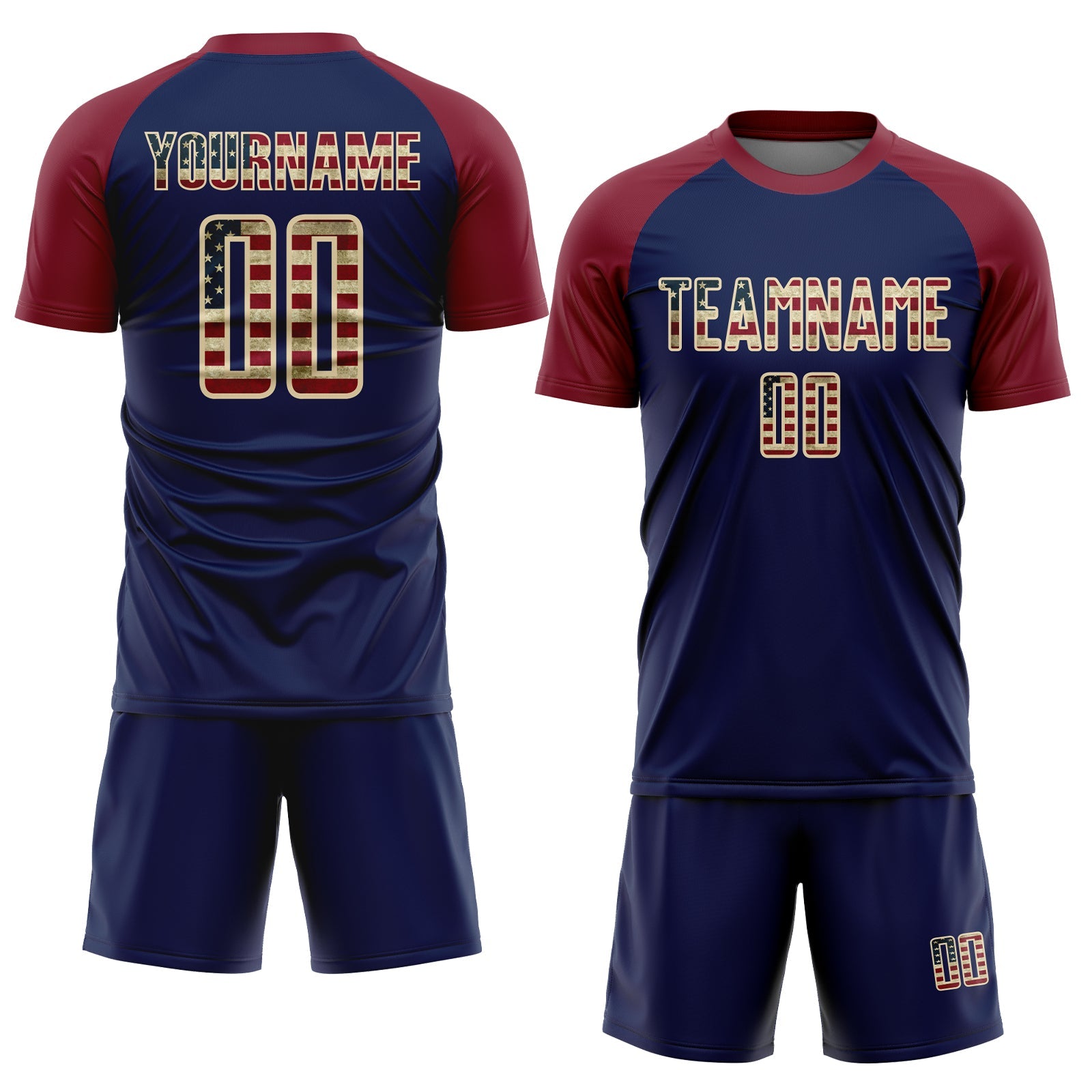 Custom Crimson Vintage USA Flag Navy-Cream Sublimation Soccer Uniform Jersey view 2