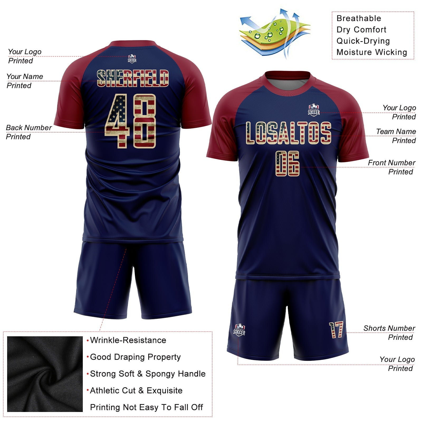 Custom Crimson Vintage USA Flag Navy-Cream Sublimation Soccer Uniform Jersey view 3