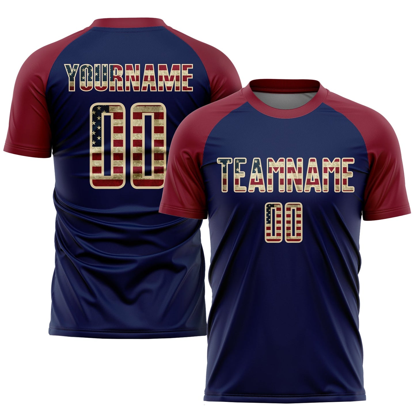 Custom Crimson Vintage USA Flag Navy-Cream Sublimation Soccer Uniform Jersey - Main View
