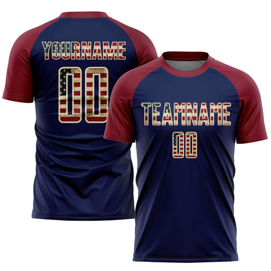 Custom Crimson Vintage USA Flag Navy-Cream Sublimation Soccer Uniform Jersey - Main View