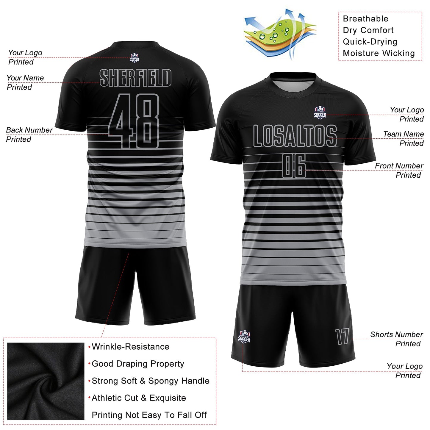 Custom Black Gray Pinstripe Fade Fashion Sublimation Soccer Uniform Jersey view 3