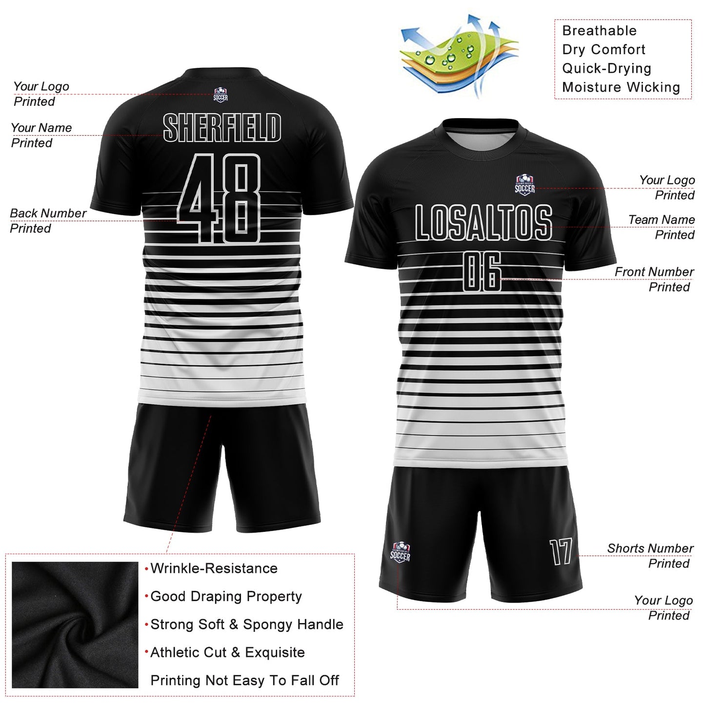 Custom Black White Pinstripe Fade Fashion Sublimation Soccer Uniform Jersey view 3