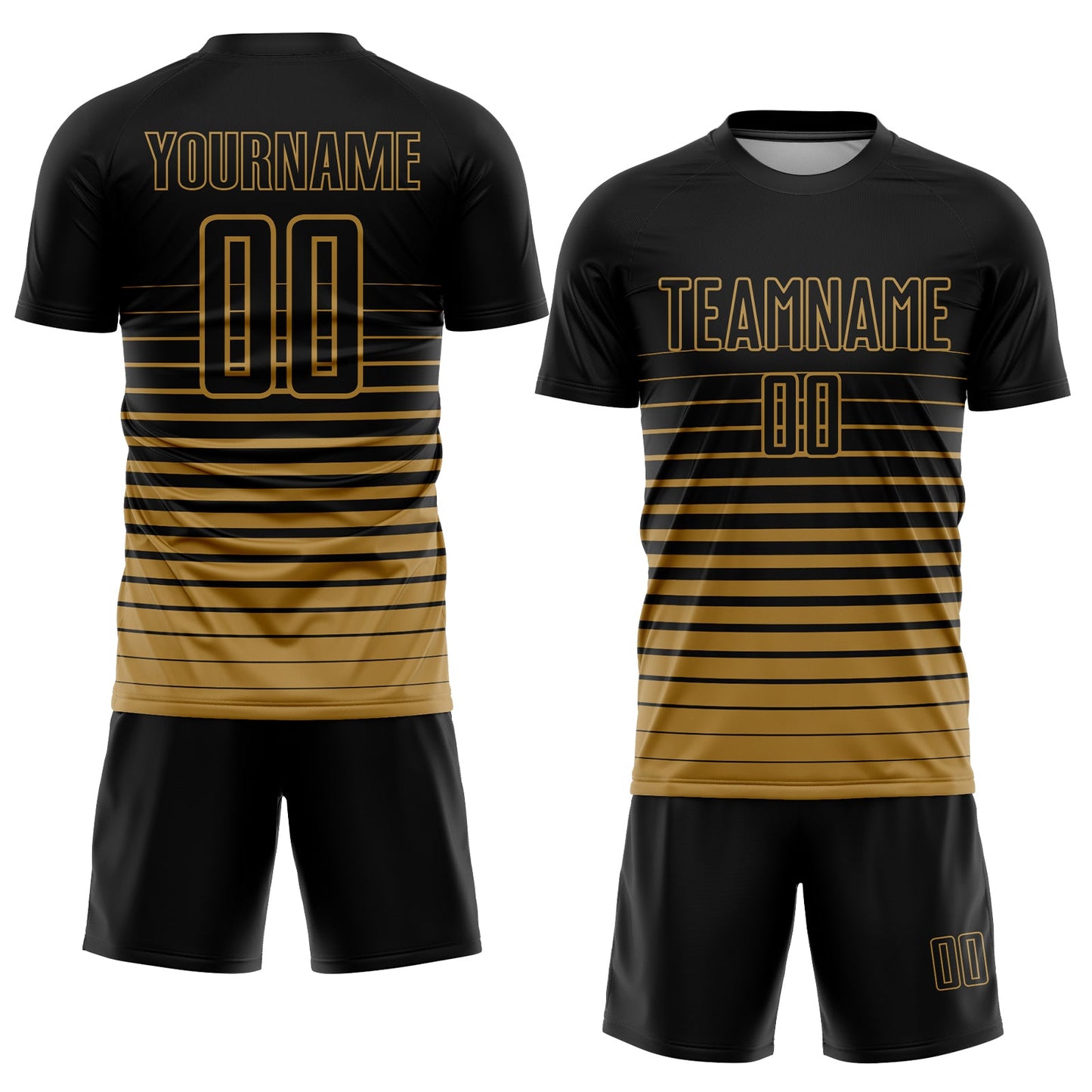 Custom Black Old Gold Pinstripe Fade Fashion Sublimation Soccer Uniform Jersey view 2