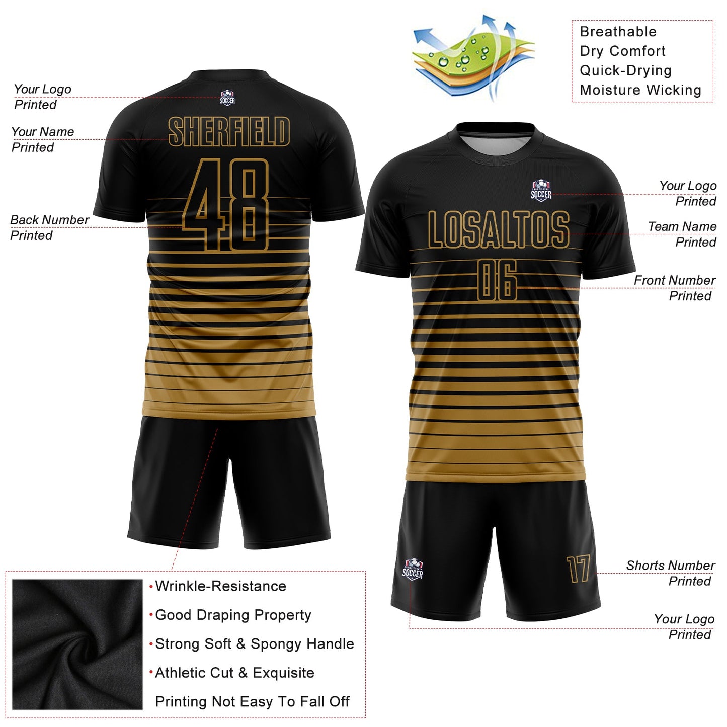 Custom Black Old Gold Pinstripe Fade Fashion Sublimation Soccer Uniform Jersey view 3