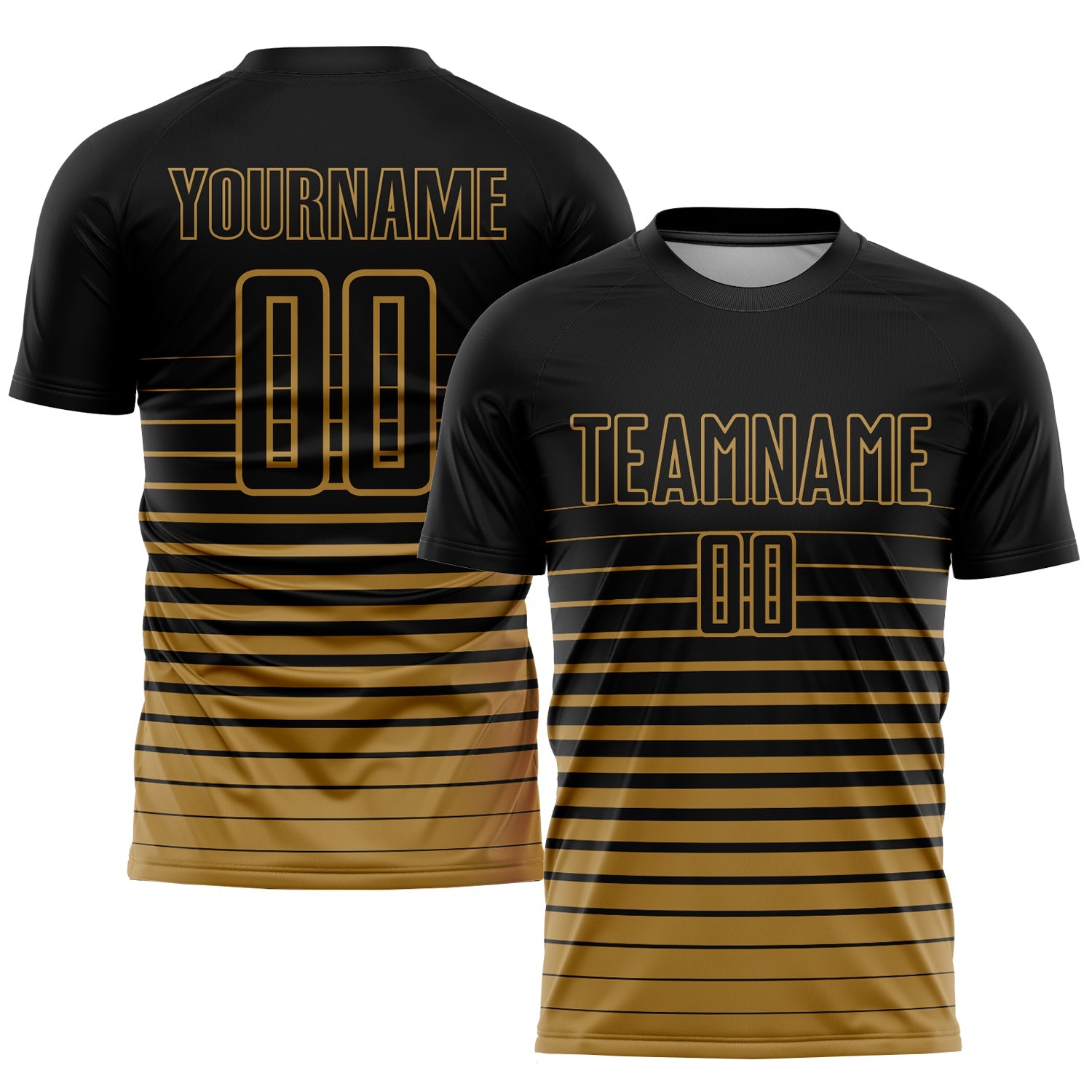 Custom Black Old Gold Pinstripe Fade Fashion Sublimation Soccer Uniform Jersey - Main View