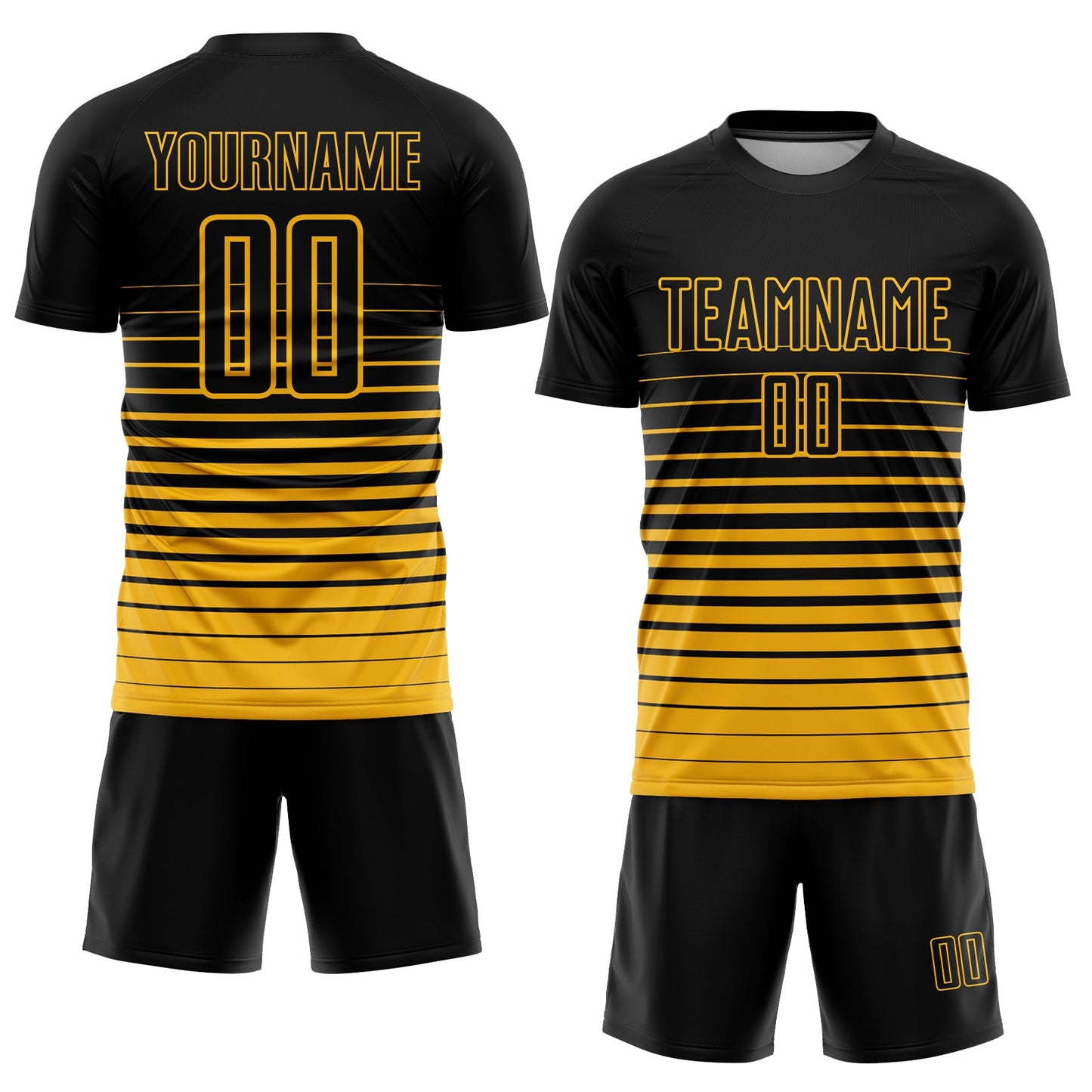 Custom Black Gold Pinstripe Fade Fashion Sublimation Soccer Uniform Jersey view 2