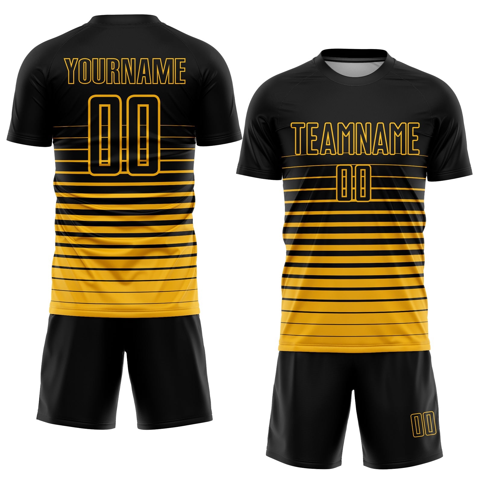 Custom Black Gold Pinstripe Fade Fashion Sublimation Soccer Uniform Jersey view 2