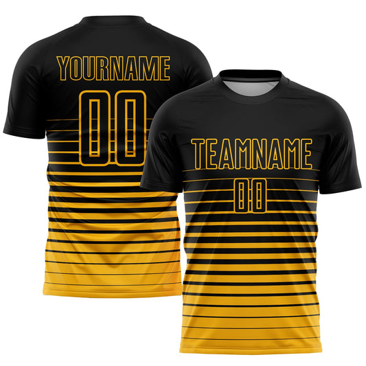 Custom Black Gold Pinstripe Fade Fashion Sublimation Soccer Uniform Jersey - Main View