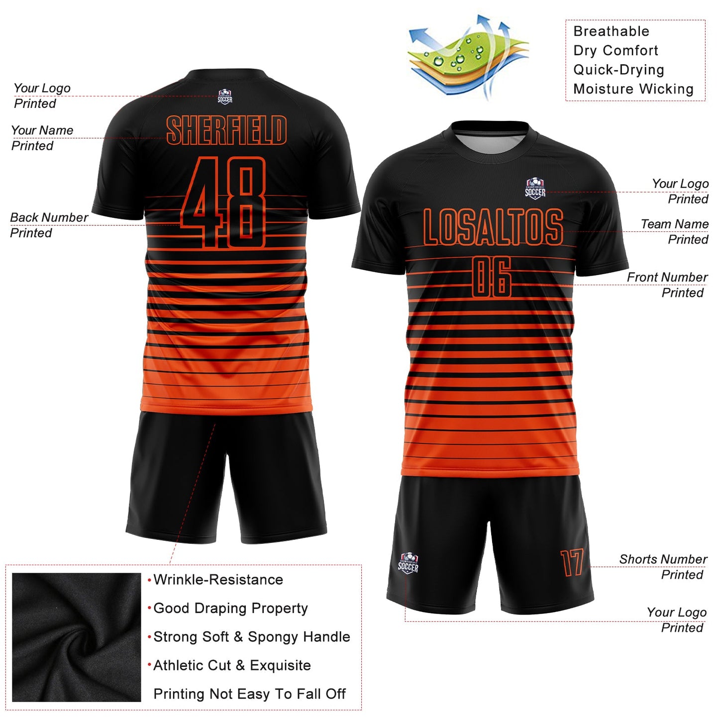 Custom Black Orange Pinstripe Fade Fashion Sublimation Soccer Uniform Jersey view 3