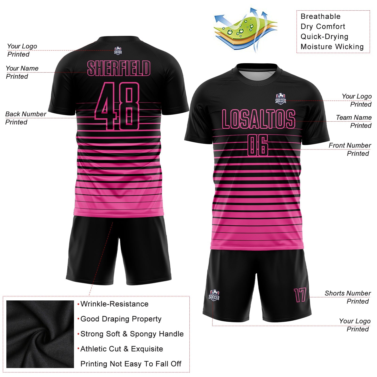 Custom Black Pink Pinstripe Fade Fashion Sublimation Soccer Uniform Jersey view 4